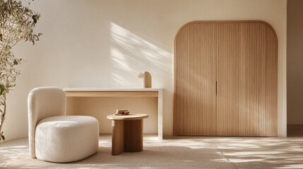 A modern interior featuring cozy chair, minimalist table, and stylish cabinet. warm wood tones and soft textures create serene atmosphere, perfect for relaxation