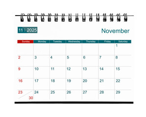 November 2025 calendar. Page of the annual business desk month calendar isolated on white.