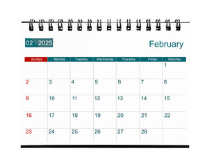 February 2025 calendar. Page of the annual business desk month calendar isolated on white.