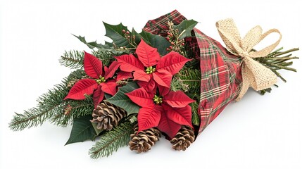 A festive bouquet of poinsettias, pinecones, and evergreen sprigs wrapped in red and green plaid paper, tied with a burlap ribbon, isolated on white