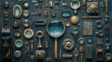 collection of various magnifying glasses and antique objects displayed beautifully. intricate designs and vintage aesthetics evoke sense of curiosity and nostalgia