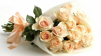 Obraz premium A romantic bouquet of blush pink and ivory roses wrapped in soft pastel peach tissue paper, secured with a ribbon, on white