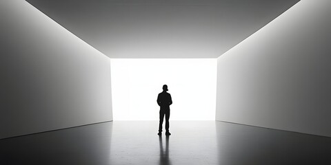Obraz premium A solitary figure stands in a minimalist space illuminated by a bright, expansive light.