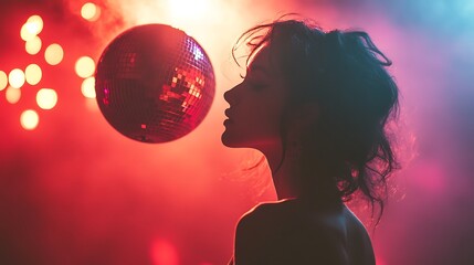 Naklejka premium Woman Silhouetted Against Disco Ball at Neon Nightclub Party. AI Generated