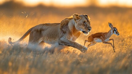 Fototapeta premium Lioness chasing gazelle at sunset in African savanna.