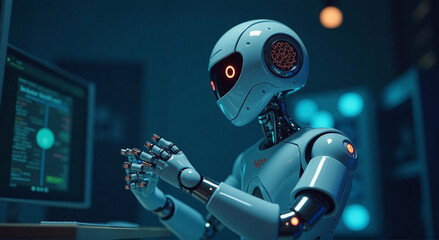 robot with headphones and music