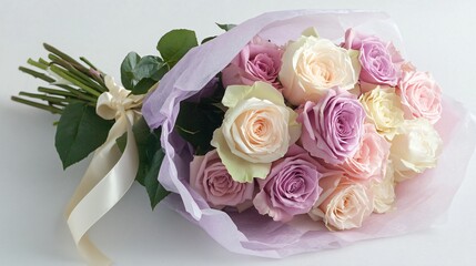 A romantic bouquet of pastel roses and peonies wrapped in soft ombre tissue paper, secured with a satin ribbon, on a clean background