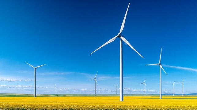 Windmills in a Yellow Field: A picturesque landscape of wind turbines standing tall in a vibrant yellow field under a clear blue sky. Clean energy, renewable resources.