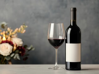 Wine glasses and bottles on a modern dining table, soft candlelight enhancing the celebratory scene, with elegant floral arrangements