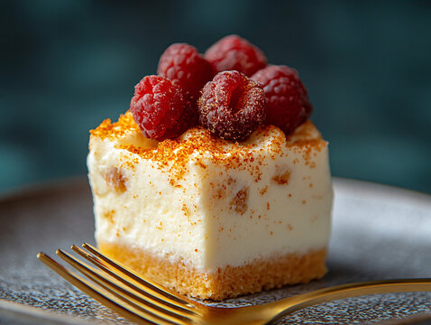a cake with white frosting, topped with raspberries and a strawberry, all perched on a golden fork. The background is a solid dark color.
