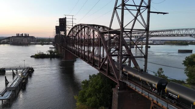 Aerial View of a Train on a Railroad Bridge Crossing the Delaware River
