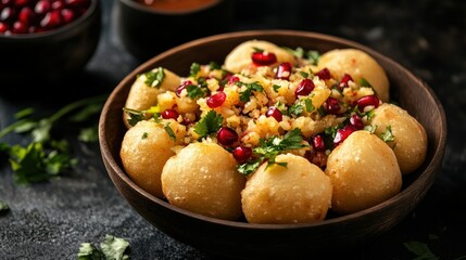 A bowl of sev puri topped with chutneys and pomegranate seeds, with ample space for text.
