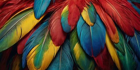Fototapeta premium A vibrant parrot feather pattern in shades of red, green, yellow, and blue on a plain background, capturing a tropical and exotic essence.
