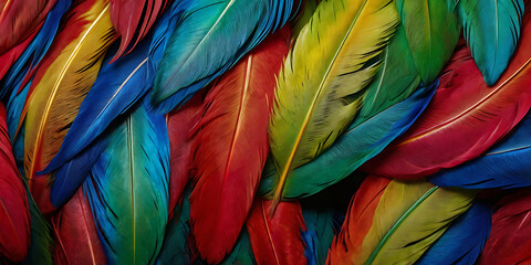 Obraz premium A vibrant parrot feather pattern in shades of red, green, yellow, and blue on a plain background, capturing a tropical and exotic essence.