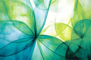 Abstract artwork featuring translucent teal and green floral forms, creating a serene and calming atmosphere. Ideal for home decor, websites, or design projects.