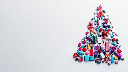 Colorful Holiday Tree Made of Makeup and Beauty Products on Surface