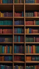 A front-facing view of a neatly organized bookshelf with colorful books on wooden shelves, set against a plain background.