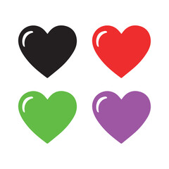 four heart shapes in different colors black red green purple hearts graphic ideal for design projects social media graphics and icons glossy and vibrant heart icons