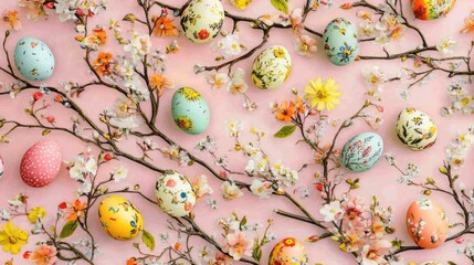 Colorful Easter Eggs Surrounded by Blooming Flowers on Pink Background
