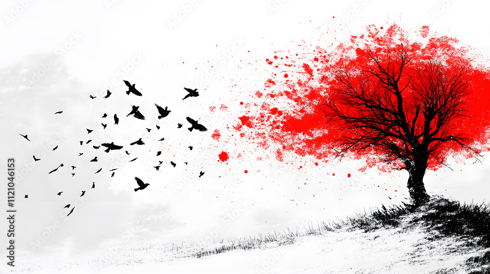 Poster a striking artwork featuring a vivid red tree dispersing into birds against a minimalistic white bac