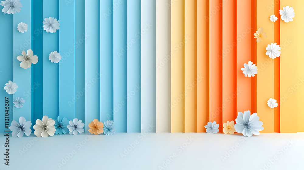 Poster a vibrant arrangement of colorful vertical stripes with delicate flowers, creating a cheerful and fr