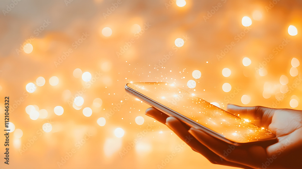 Poster a glowing smartphone held in a hand, surrounded by warm, shimmering lights, creating a magical and v