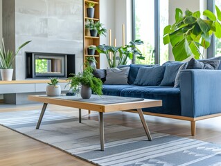Fototapeta premium Modern Living Room with Blue Sofa and Wooden Coffee Table