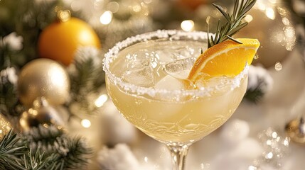 Festive Cocktail with Garnish on Snowy Table Background