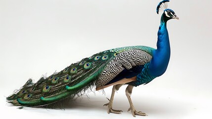 Obraz premium Majestic peacock with tail feathers fully spread on white.