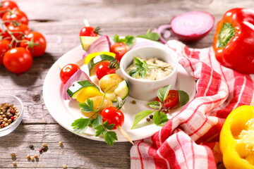 vegetarian skewer and dipping sauce. healthy eating