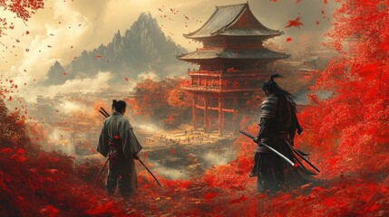 Epic Samurai Duel in Enchanted Autumn Landscape: Ancient Warriors Amidst Vibrant Red Maple Leaves and Mystical Japanese Temples