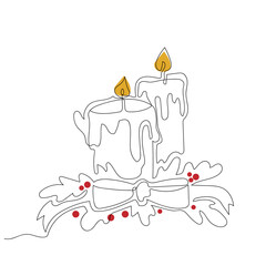 Christmas candles with a bow and pine branches in one line drawing style. Vector minimalist illustration.