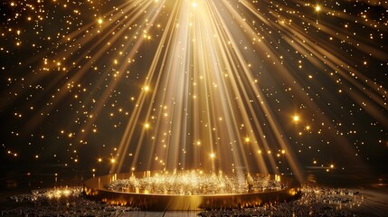 Golden stage with spotlight beams in a glamorous event setting