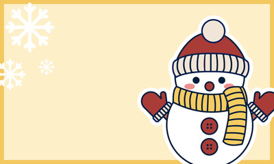 A cheerful snowman is depicted on the right side of the image, wearing a red and white striped hat with a pom-pom, a yellow and orange striped scarf, and red mittens