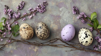 Obraz premium Beautifully Decorated Easter Eggs Surrounded by Lilac Blossoms