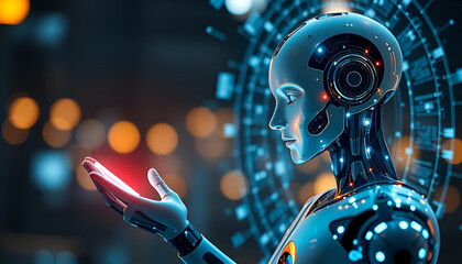 A sleek AI humanoid interacting with holographic data, representing artificial intelligence innovation.