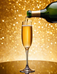 Vertical view of a champagne bottle pouring the golden liquid in a champagne glass with luxurious and fancy background