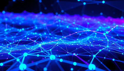 Digital world concept with 3D holographic networks and vibrant color schemes of blue and purple.