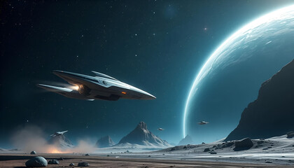 Advanced space exploration scene with cutting-edge spacecraft landing on a distant planet under a starry sky.