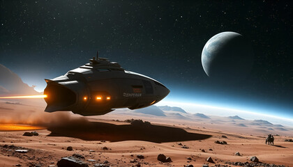Advanced space exploration scene with cutting-edge spacecraft landing on a distant planet under a starry sky.