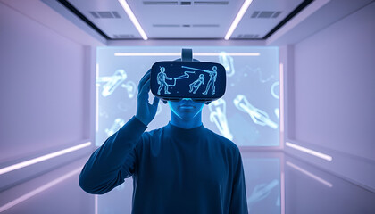 Immersive AR/VR headset projecting hyper-realistic holograms in a minimalist futuristic room.