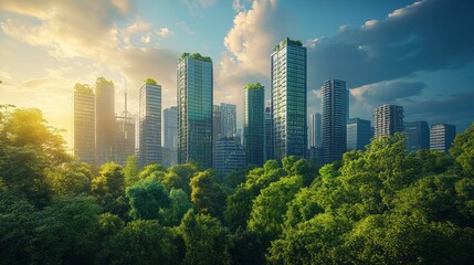 Green skyscrapers amidst lush trees at sunset. Illustrates sustainable urban development and eco-friendly architecture.
