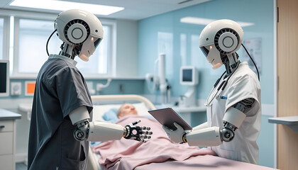 doctor working in hospital future new ai with human on fantastic world.