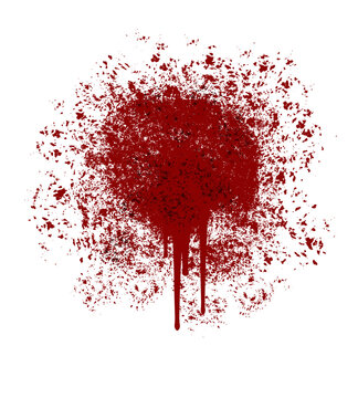 Round shaped splashes of scarlet and dark red blood with dark inclusions on flat surface similar to the result of a gunshot to the head front view isolated on white illustration
