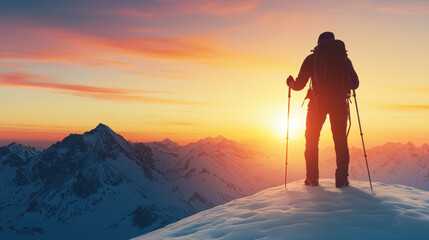 A silhouetted figure stands on a snowy peak, gazing at a vibrant sunset over distant mountains, embodying adventure and tranquility.