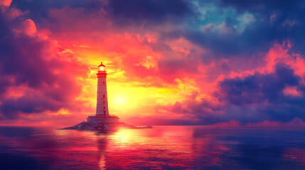 Fototapeta premium Dramatic Sunset Over Ocean with Lighthouse. A breathtaking sunset over the ocean, featuring a vibrant display of pinks, oranges, and purples.