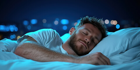 Sleep Hygiene concept, A man peacefully sleeps in a cozy bed, illuminated by soft blue lights from a city backdrop, capturing a serene nighttime atmosphere.