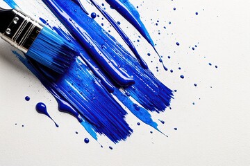 Vibrant, shiny blue brush strokes of watercolor paint splattered and blended on a crisp, isolated...