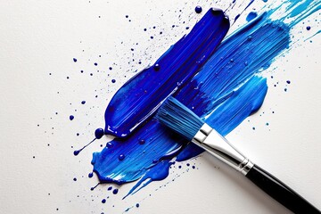 Vibrant, shiny blue brush strokes of watercolor paint splattered and blended on a crisp, isolated...