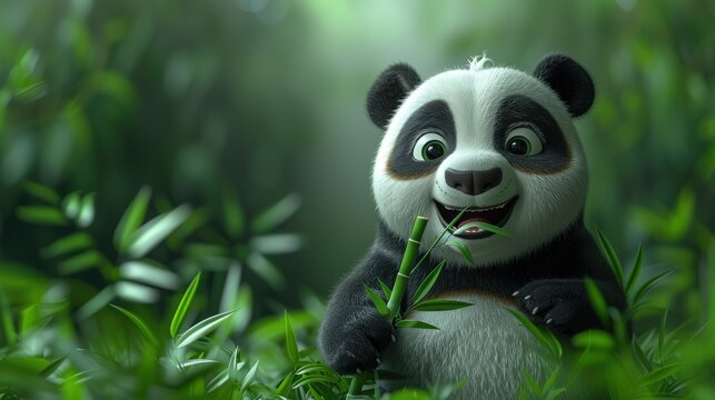 Adorable cartoon panda cub happily eating bamboo in lush green foliage.